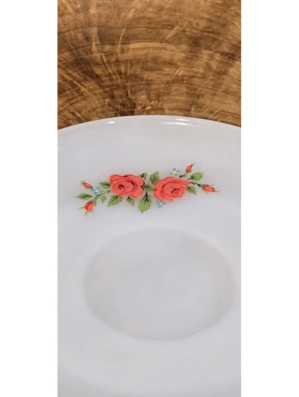 Anchor Hocking Fire-King Milk Glass Saucer with Pink Rose Floral Design